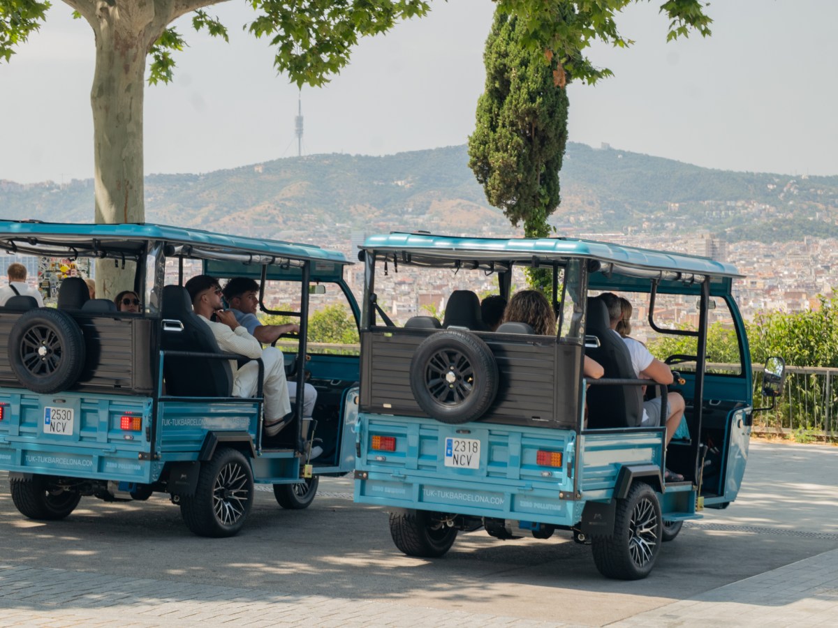 Two blue tuk-tuks with sightseers parked on a hill overlooking a cityscape and mountains.