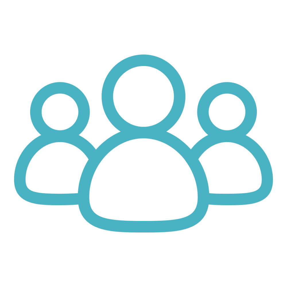 Blue outline of three people icons, one larger centered with two smaller behind.