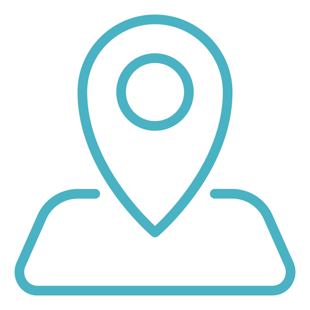 Blue location pin icon over a curved line, minimalist design.