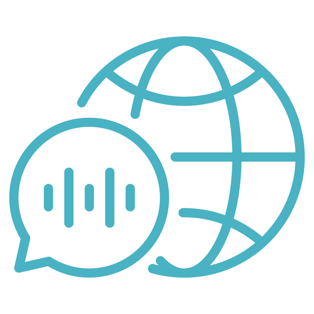 Blue globe and speech bubble with bars icon representing global communication.