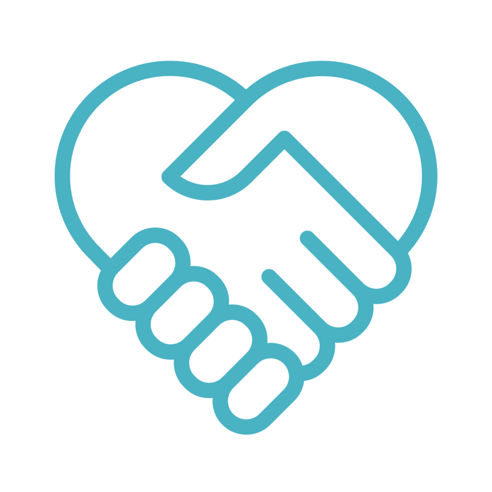 Blue heart-shaped handshake symbol on a green background.