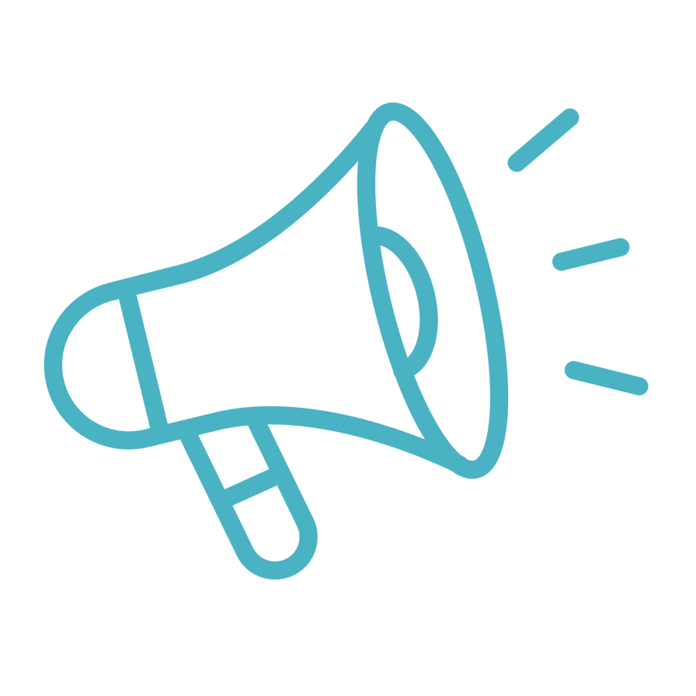 Blue line drawing of a megaphone with sound lines.