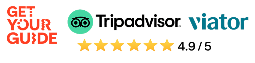 Logos of Get Your Guide, Tripadvisor, and Viator with a 4.9/5 star rating.